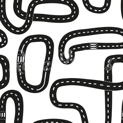 Race Track, Graphite, un design unic cu drumuri negre pe fundal alb, decorat cu o patura, perne, jucarii si o lampă.
