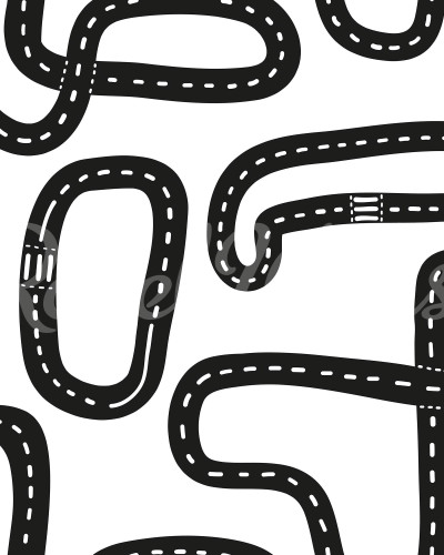 Race Track, Graphite, un design unic cu drumuri negre pe fundal alb, decorat cu o patura, perne, jucarii si o lampă.