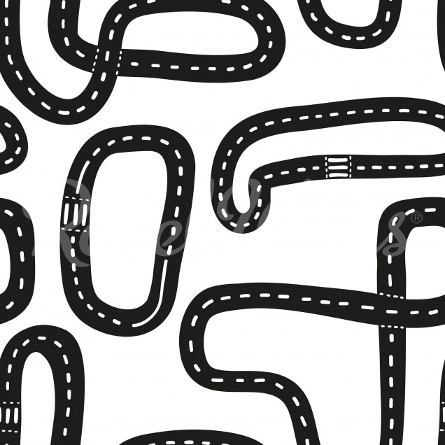 Race Track, Graphite, un design unic cu drumuri negre pe fundal alb, decorat cu o patura, perne, jucarii si o lampă.