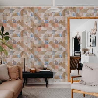 Tapet geometric cu blocuri multiple, în nuanțe de nisip, cu un aspect modern și minimalist.