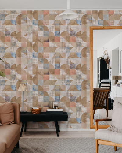 Tapet geometric cu blocuri multiple, în nuanțe de nisip, cu un aspect modern și minimalist.