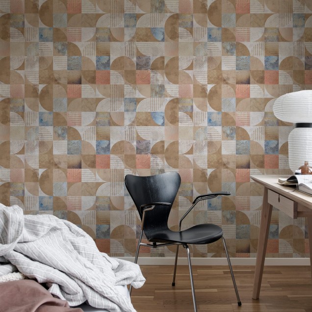 Tapet geometric cu blocuri multiple, în nuanțe de nisip, cu un aspect modern și minimalist.