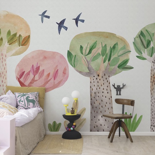 Tapet Watercolor Garden cu design abstract, pictat manual cu acuarele, perfect pentru a crea o atmosferă relaxantă și primitoare în orice cameră.