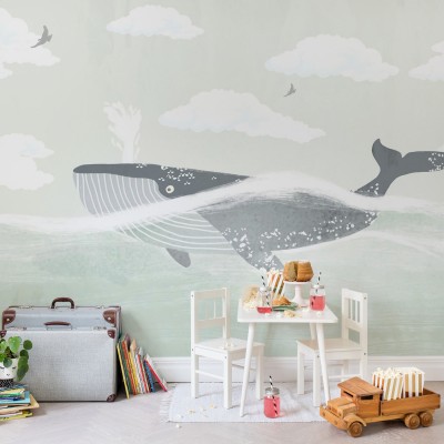 Tapet cu balenă Happy Whale - design cu o balenă albastră care înoată printre nori albi pe un fundal verde deschis.
