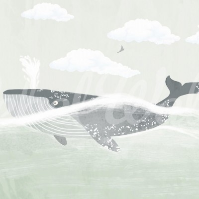 Tapet cu balenă Happy Whale - design cu o balenă albastră care înoată printre nori albi pe un fundal verde deschis.