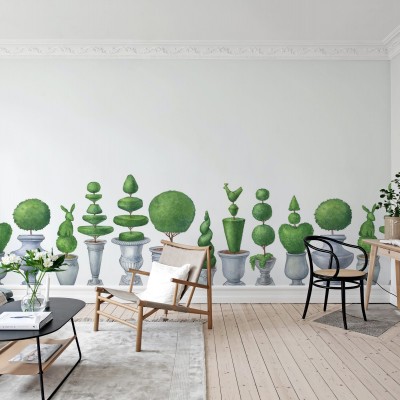 Tapet Pot Garden cu design clasic, inspirat de grădinile luxuriante. O colecție sofisticată de arbuști topiari în ghivece.