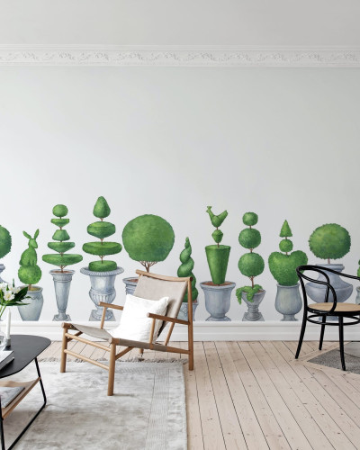 Tapet Pot Garden cu design clasic, inspirat de grădinile luxuriante. O colecție sofisticată de arbuști topiari în ghivece.