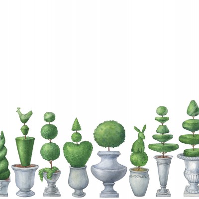 Tapet Pot Garden cu design clasic, inspirat de grădinile luxuriante. O colecție sofisticată de arbuști topiari în ghivece.