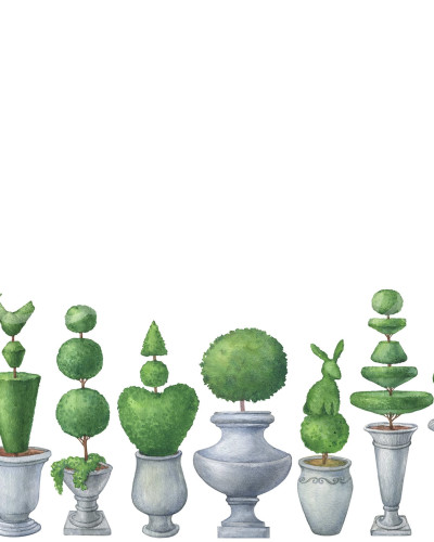 Tapet Pot Garden cu design clasic, inspirat de grădinile luxuriante. O colecție sofisticată de arbuști topiari în ghivece.