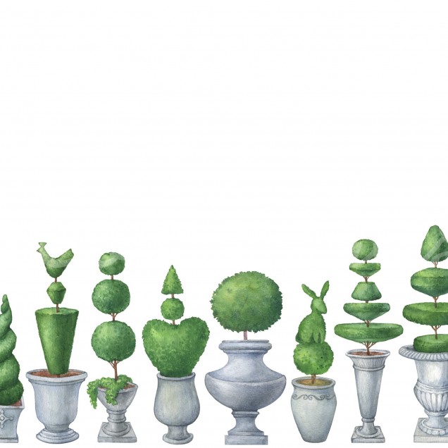 Tapet Pot Garden cu design clasic, inspirat de grădinile luxuriante. O colecție sofisticată de arbuști topiari în ghivece.