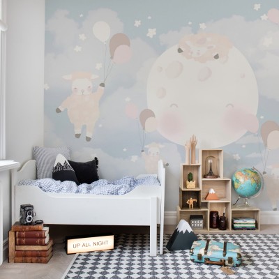 Tapet Counting Sheeps cu design modern și adorabil, cu miei, stele și luna