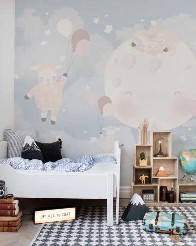 Tapet Counting Sheeps cu design modern și adorabil, cu miei, stele și luna