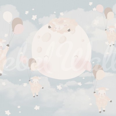 Tapet Counting Sheeps cu design modern și adorabil, cu miei, stele și luna