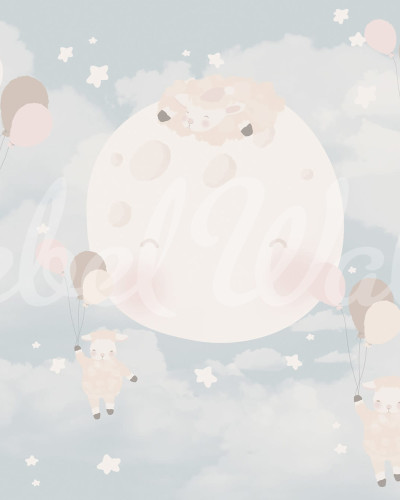 Tapet Counting Sheeps cu design modern și adorabil, cu miei, stele și luna