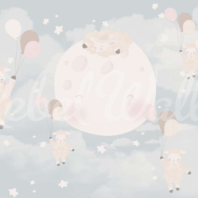 Tapet Counting Sheeps cu design modern și adorabil, cu miei, stele și luna