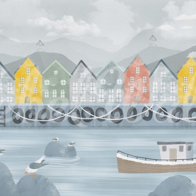 Port Village - tapet cu un design minimalist care prezintă un port cu case colorate și un vapor albastru pe un fundal albastru pastelat.