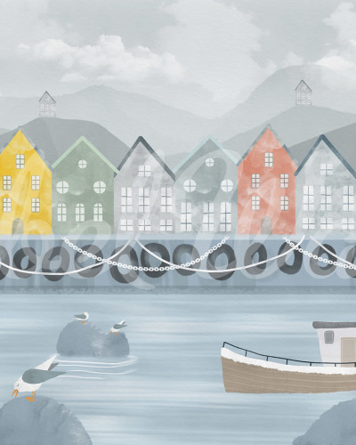 Port Village - tapet cu un design minimalist care prezintă un port cu case colorate și un vapor albastru pe un fundal albastru pastelat.