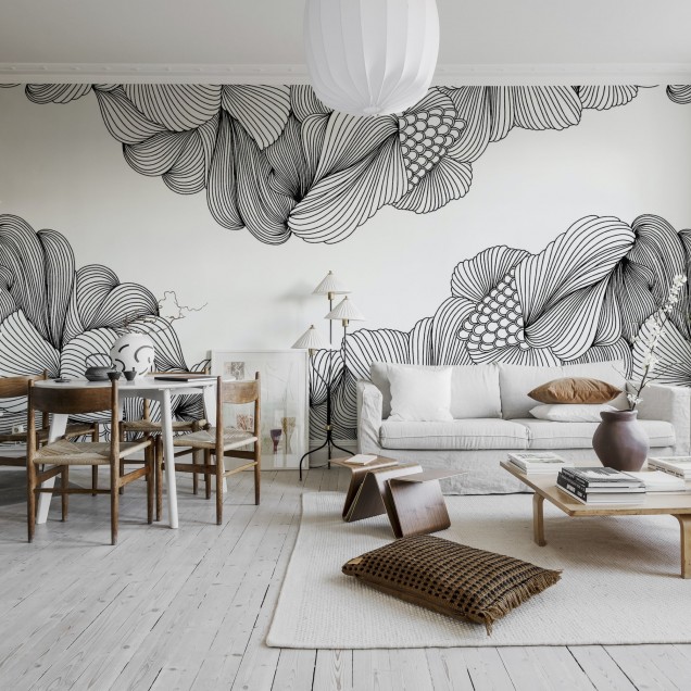 Tapet 3D cu linii negre, design abstract, pentru dormitor