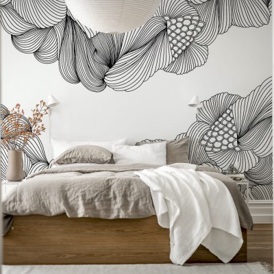 Tapet 3D cu linii negre, design abstract, pentru dormitor