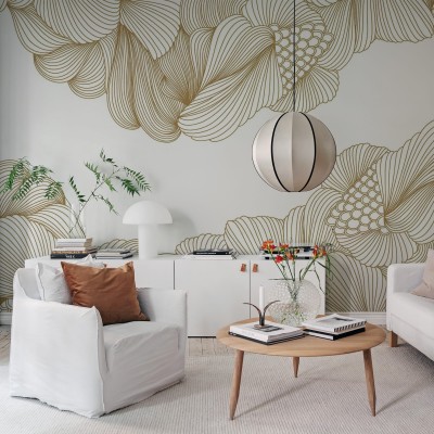 Tapet modern 3D cu linii aurii pe un perete alb, intr-un living amenajat cu mobilier alb si accente de culoare maro