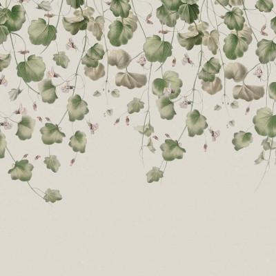 Wallpaper cu frunze verzi și flori roz, ideal pentru a crea o atmosferă calmă și elegantă în casa ta.