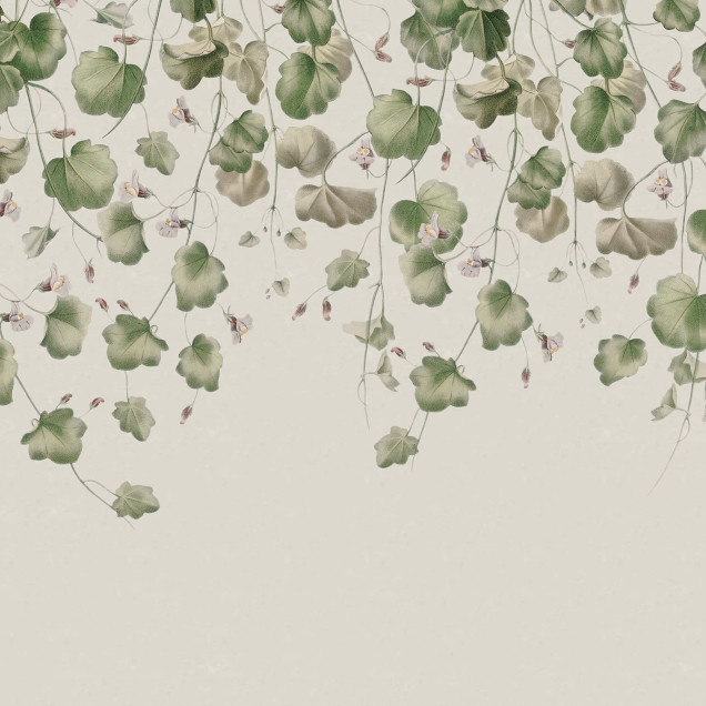 Wallpaper cu frunze verzi și flori roz, ideal pentru a crea o atmosferă calmă și elegantă în casa ta.