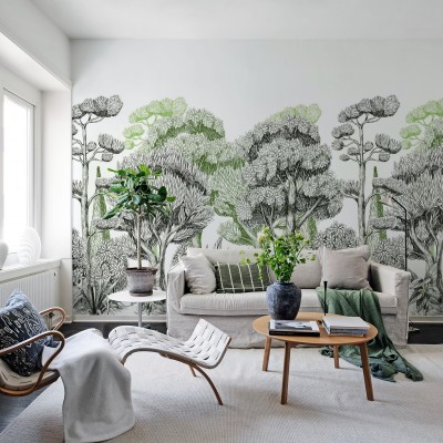 Tapet cu design modern Forest Park Green, cu copaci înalți și verdeață luxuriantă, perfect pentru a decora livingul, dormitorul sau biroul.