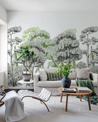 Tapet cu design modern Forest Park Green, cu copaci înalți și verdeață luxuriantă, perfect pentru a decora livingul, dormitorul sau biroul.