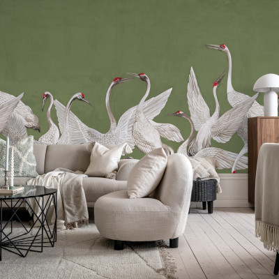 Tapet cu macarale albe pe fundal verde, design minimalist, perfect pentru living, dormitor sau birou.