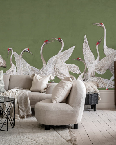 Tapet cu macarale albe pe fundal verde, design minimalist, perfect pentru living, dormitor sau birou.