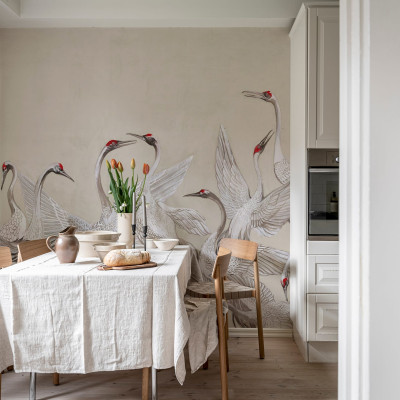 Tapet cu macarale albe pe un fundal bej, Soaring Cranes, Beige.