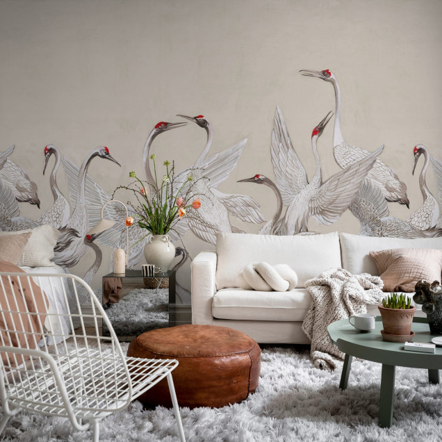 Tapet cu macarale albe pe un fundal bej, Soaring Cranes, Beige.