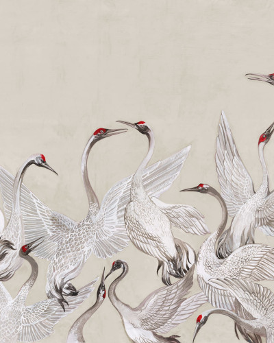 Tapet cu macarale albe pe un fundal bej, Soaring Cranes, Beige.