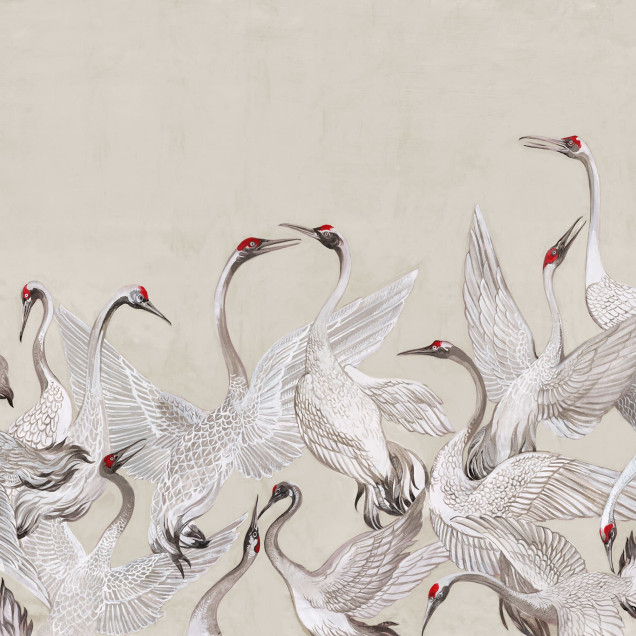 Tapet cu macarale albe pe un fundal bej, Soaring Cranes, Beige.