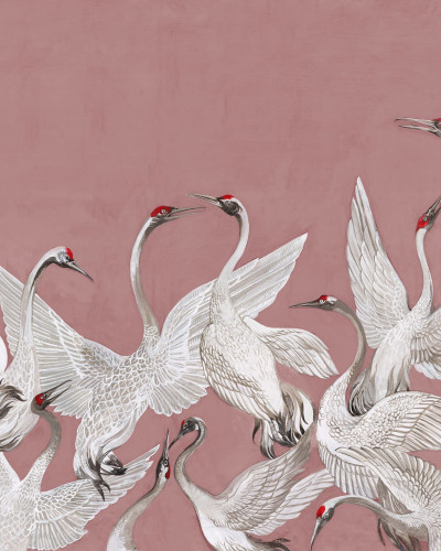 Tapet Soaring Cranes, Pink cu macarale zburatoare albe pe fundal roz