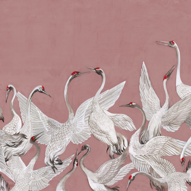 Tapet Soaring Cranes, Pink cu macarale zburatoare albe pe fundal roz