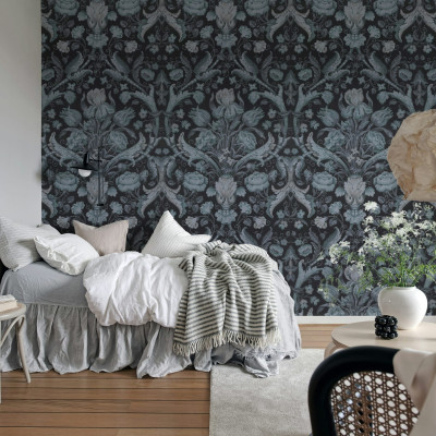 Tapet floral vintage cu model elegant, în nuanțe de albastru, perfect pentru a crea o atmosferă sofisticată