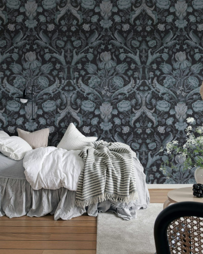 Tapet floral vintage cu model elegant, în nuanțe de albastru, perfect pentru a crea o atmosferă sofisticată