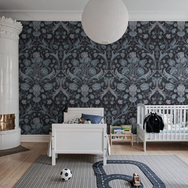Tapet floral vintage cu model elegant, în nuanțe de albastru, perfect pentru a crea o atmosferă sofisticată