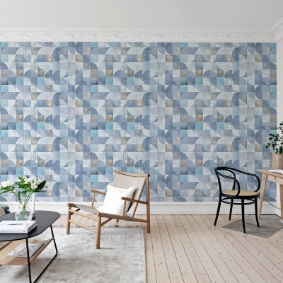 Tapet geometric modern cu nuanţe de albastru deschis.