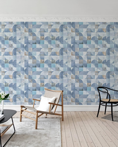 Tapet geometric modern cu nuanţe de albastru deschis.