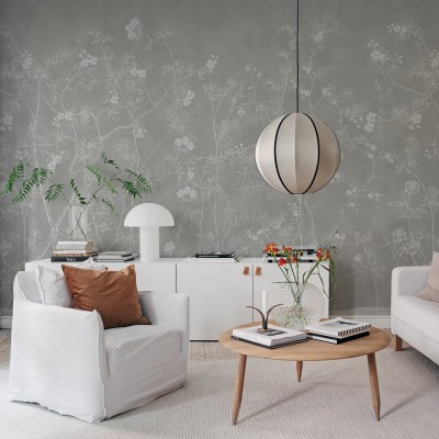 Tapet Soft Chinoiserie, gri, cu un design delicat de ramuri de flori albe
