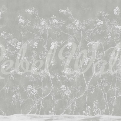 Tapet Soft Chinoiserie, gri, cu un design delicat de ramuri de flori albe