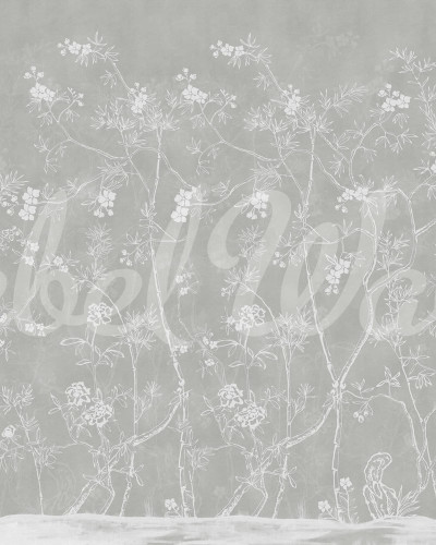 Tapet Soft Chinoiserie, gri, cu un design delicat de ramuri de flori albe