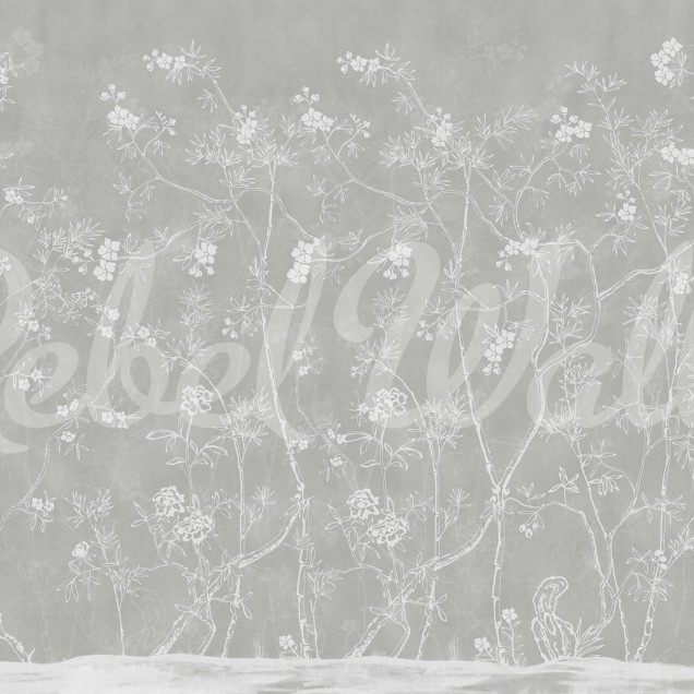 Tapet Soft Chinoiserie, gri, cu un design delicat de ramuri de flori albe