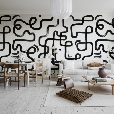 Tapet modern, Artzy Path, Graphite cu linii groase negre pe un fundal alb