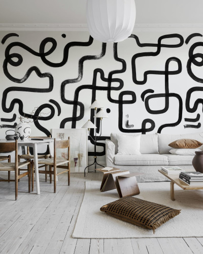 Tapet modern, Artzy Path, Graphite cu linii groase negre pe un fundal alb