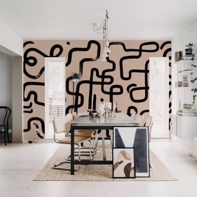 Tapet abstract modern Artzy Path, Pink cu design in nuanțe de roz pal și negru.