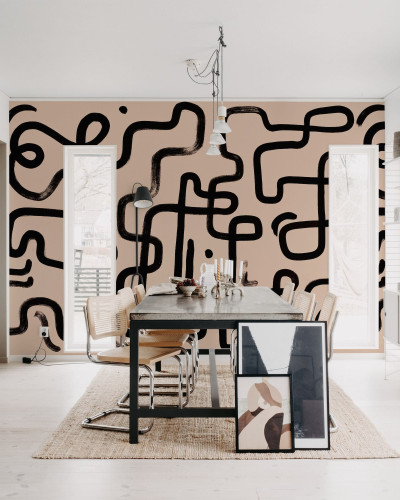 Tapet abstract modern Artzy Path, Pink cu design in nuanțe de roz pal și negru.