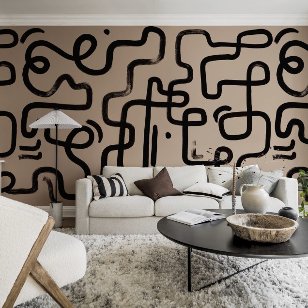 Tapet abstract modern Artzy Path, Pink cu design in nuanțe de roz pal și negru.
